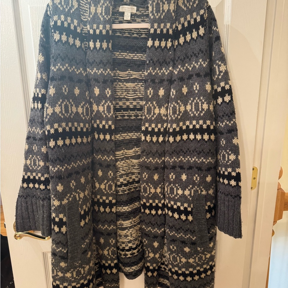Charter Club Gray and Black Cardigan with Geometric Patterns